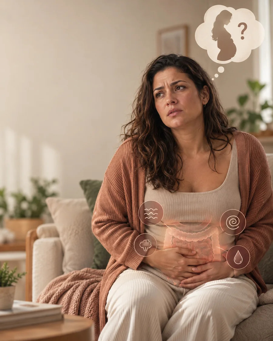 Mulher com queixas intestinais pensando em engravidar