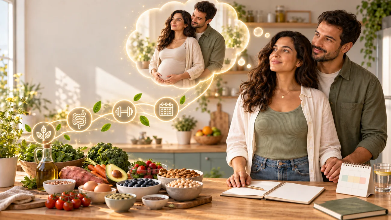 Casal na cozinha preparando uma refeição com legumes, grãos e frutas