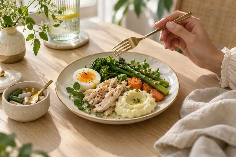 Prato com ovo, frango, aspargos e purê: refeição pequena e equilibrada