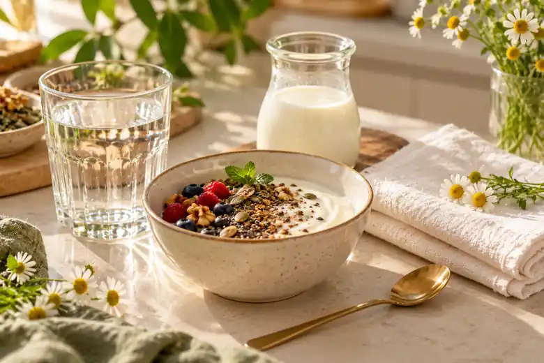 Iogurte natural com frutas sobre a mesa, alimento ligado à saúde da microbiota