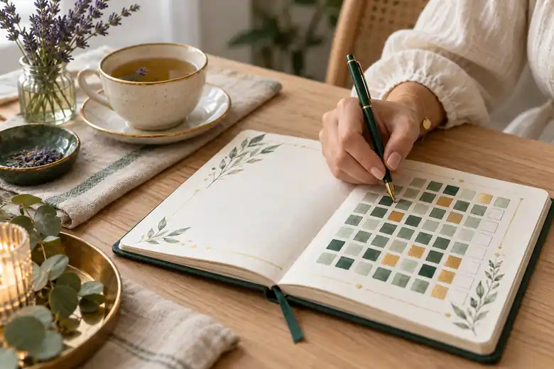 Mãos registrando o ciclo menstrual em um diário com quadradinhos em tons de verde e dourado, ao lado de uma xícara de chá