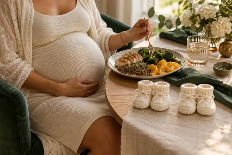 Gestante sentada em poltrona verde, com a mão na barriga, ao lado de uma mesa com refeição