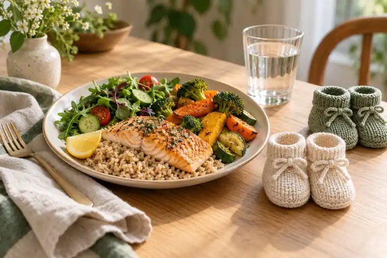 Prato colorido e equilibrado para gestação de gêmeos, com proteínas, vegetais e grãos