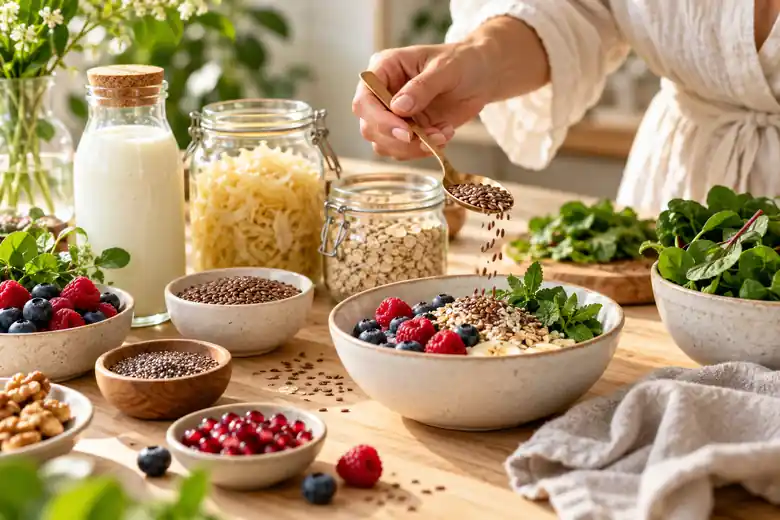Mão polvilhando sementes de linhaça sobre uma tigela com aveia e frutas vermelhas