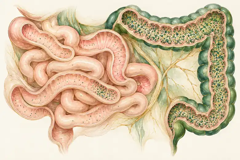 Ilustração em aquarela do intestino delgado e grosso, representando a diferença entre SIBO e disbiose