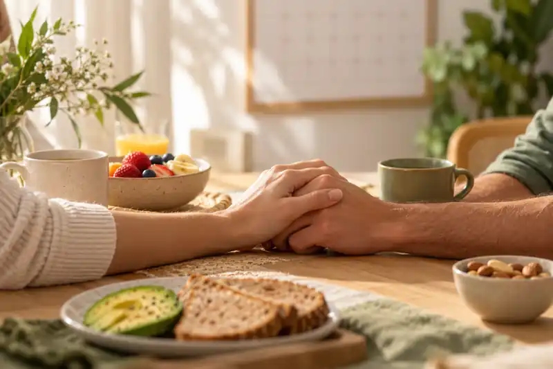 Casal de mãos dadas à mesa do café da manhã com frutas, pão integral e abacate