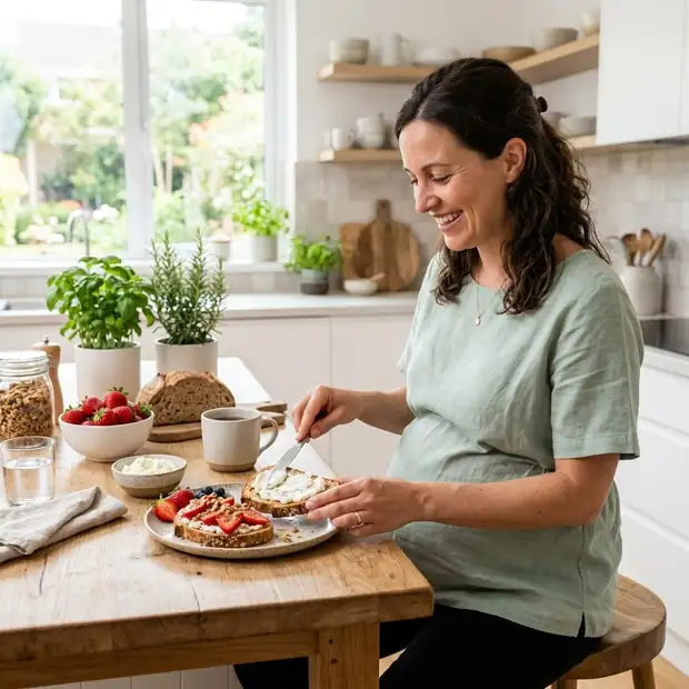 Gestante preparando um café da manhã com pão integral e frutas vermelhas