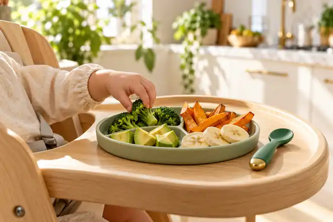Mãozinha de bebê pegando brócolis no prato com abacate, batata-doce e banana, no cadeirão de madeira