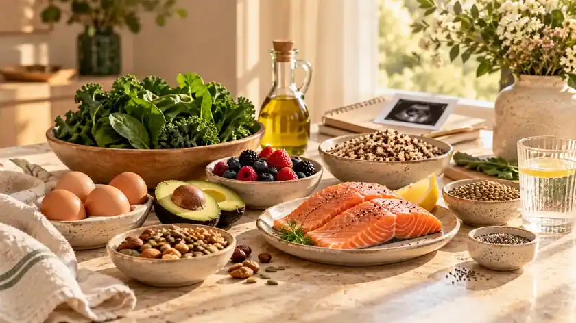 Mesa com folhas verdes, ovos, salmão, frutas vermelhas, leguminosas e cereais integrais