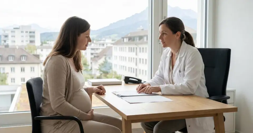 Gestante em consulta com uma profissional de saúde