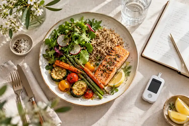 Prato equilibrado com salmão, arroz integral, salada e legumes, ao lado de um medidor de glicose e um caderno de anotações