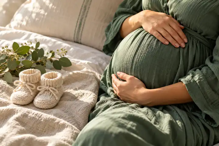 Gestante de vestido verde com as mãos na barriga