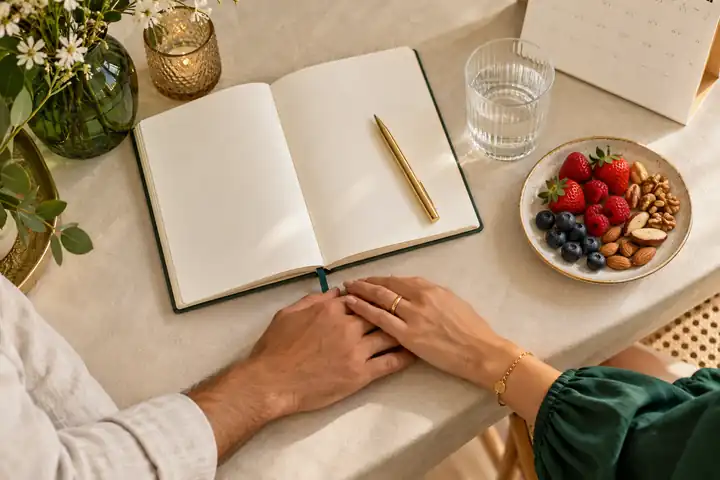 Mãos de um casal sobre a mesa com caderno aberto, calendário e frutas, planejando a preparação para a gravidez