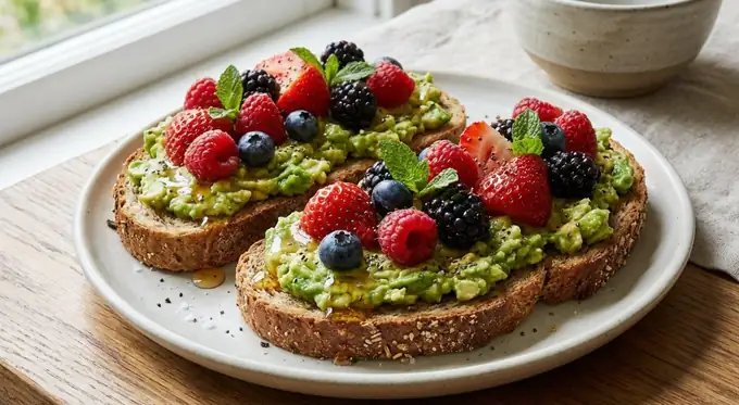 Torradas integrais com abacate e frutas vermelhas, uma refeição com fibras, gordura e carboidrato juntos