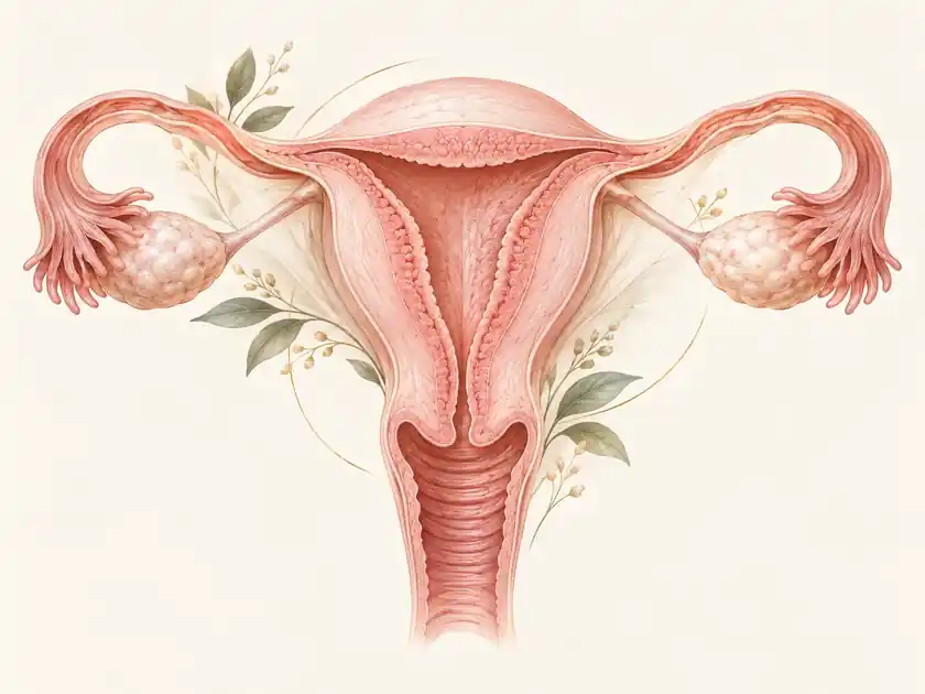 Ilustração anatômica estilizada do útero e ovários